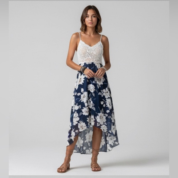 Lace Floral Print Tulip Hem Chiffon Dress - Picture 3 of 12